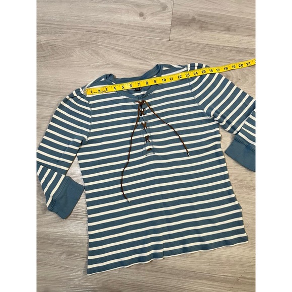 Lauren Ralph Lauren Women Top Striped Henley Long Sleeve Lace Up Blue White Sz L - Picture 8 of 14